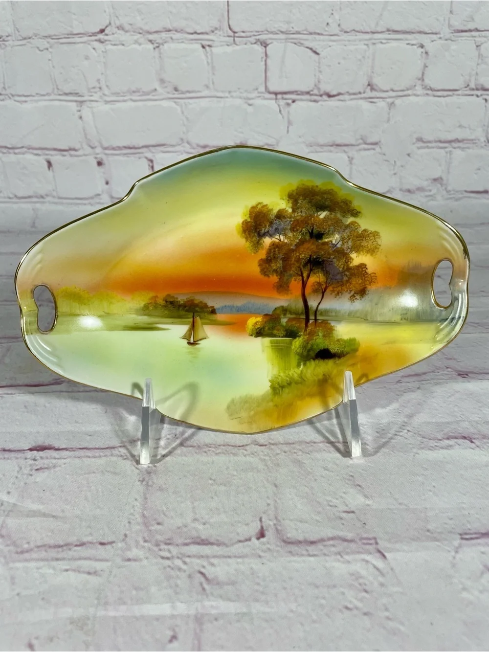 Vintage Noritake Hand Painted Sailboat On River Sunset Relish Dish Gold Trim